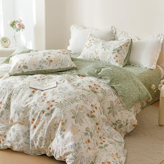 Jolusere Green Leaves Queen Comforter Sets, 3 Pieces Chic Garden Style Botanical Floral Reversible Bedding Sets for Adults All Season