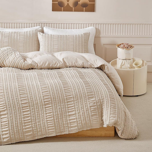 JOLUSERE Khaki Duvet Cover King Sets, 3 Pieces Soft Breathable Striped Textured Comforter Cover Set