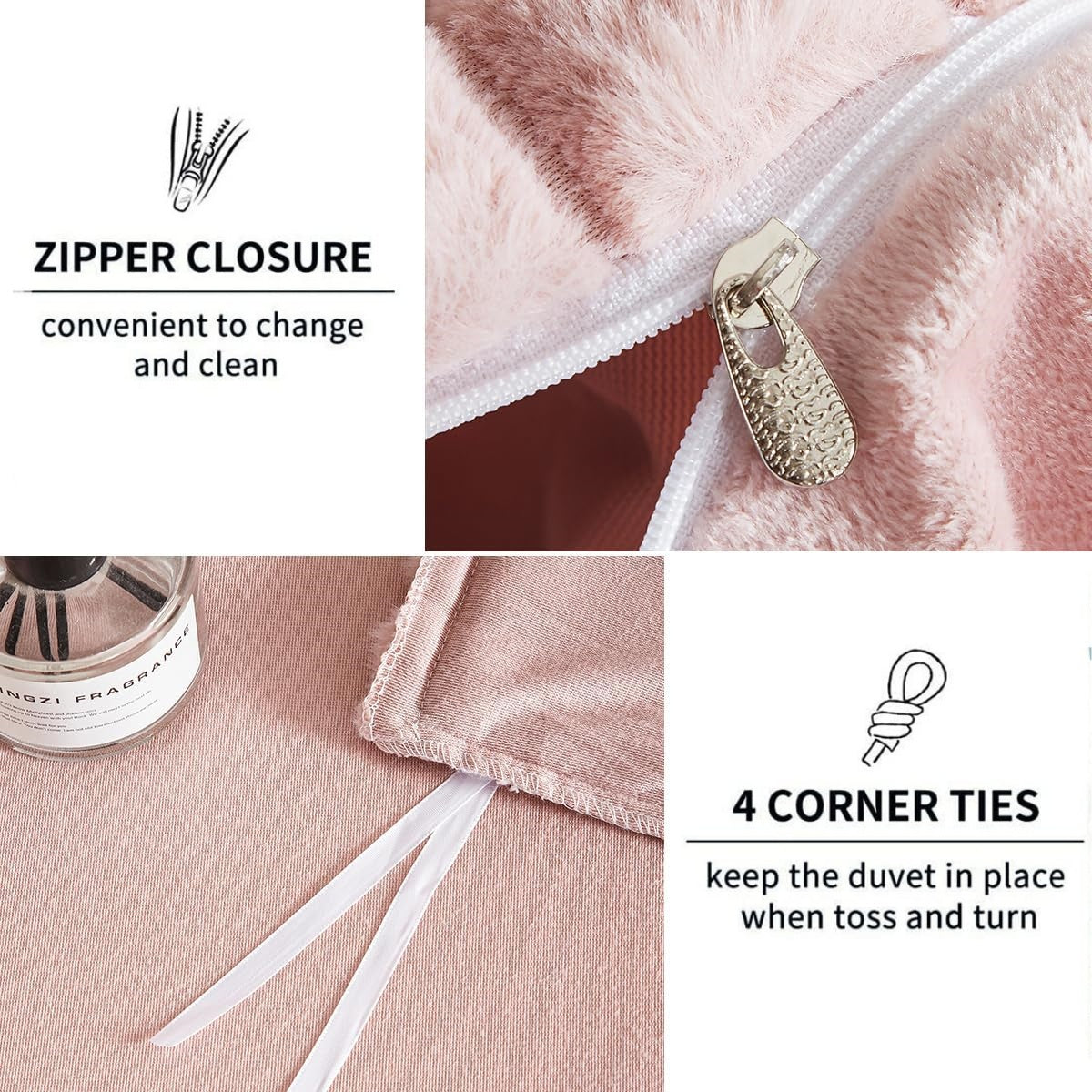JOLUSERE Soft Pink Fluffy Striped Duvet Cover Queen Set, 3-Piece Super Soft Faux Rabbit Fur Winter Warm Fuzzy Comforter Cover