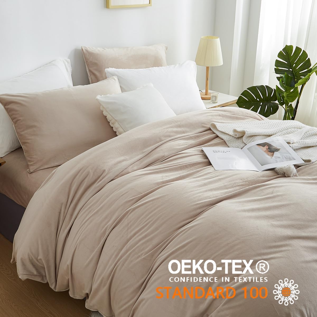 JOLUSERE Oatmeal Beige Velvet Duvet Cover King Set, 3-Piece Ultra Soft Fluffy Flannel Winter Bedding Cover