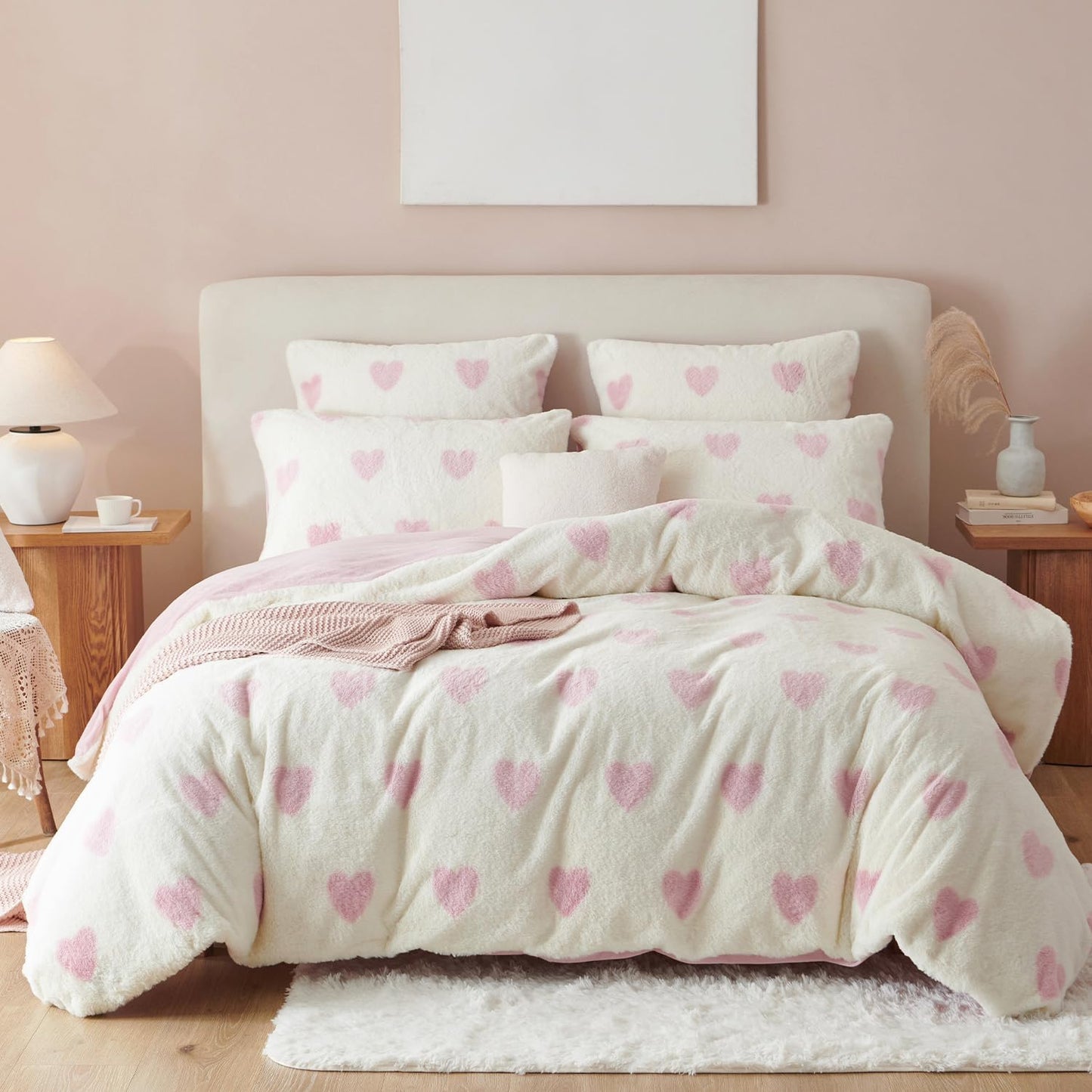 JOLUSERE Fluffy Flannel Duvet Cover King Set, 3-Piece Faux Rabbit Fur Luxury Cozy Warm Winter Bedding Set,Pink Heart White