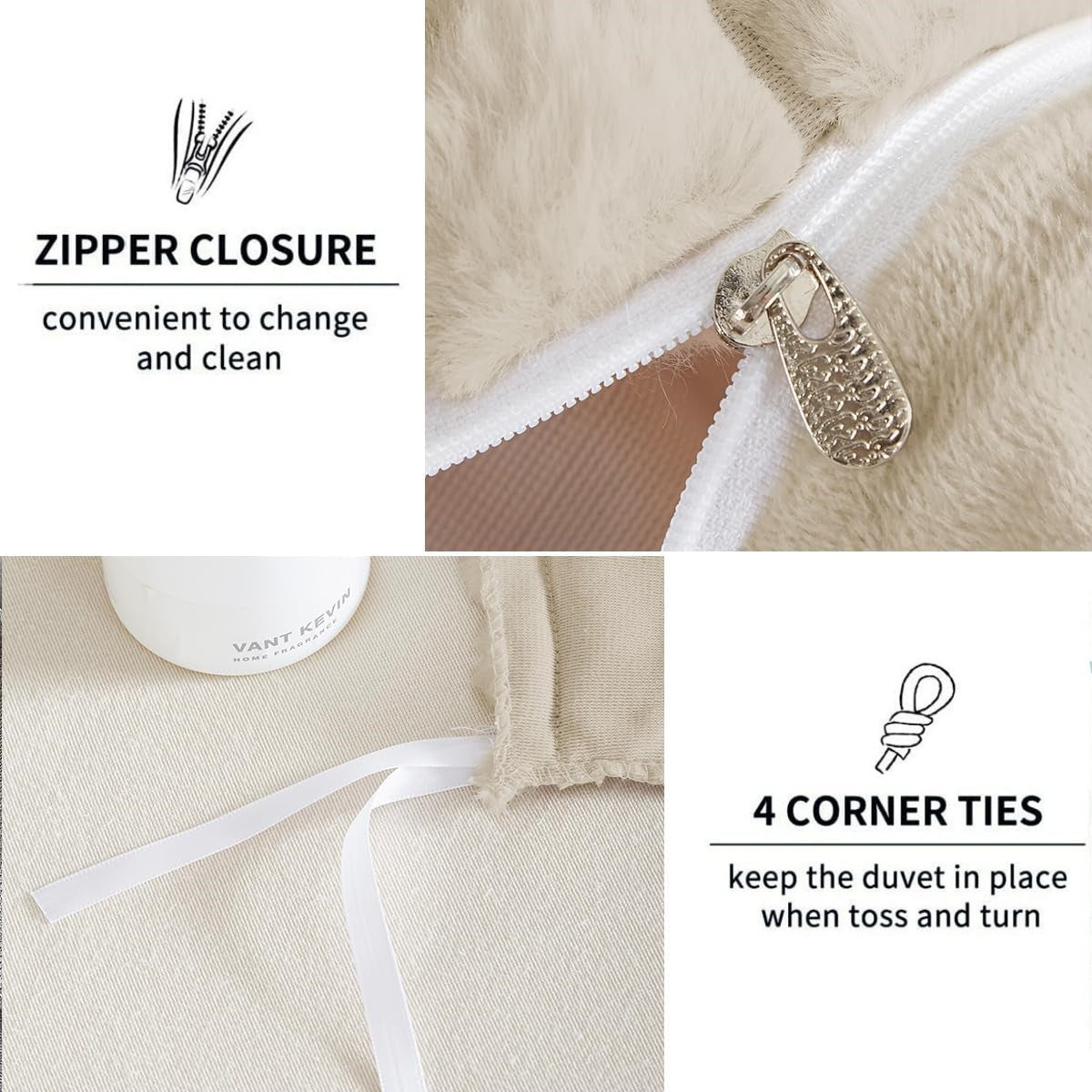 JOLUSERE Beige Fluffy Striped Duvet Cover King Set, 3-Piece Super Soft Faux Rabbit Fur Winter Warm Fuzzy Comforter Cover