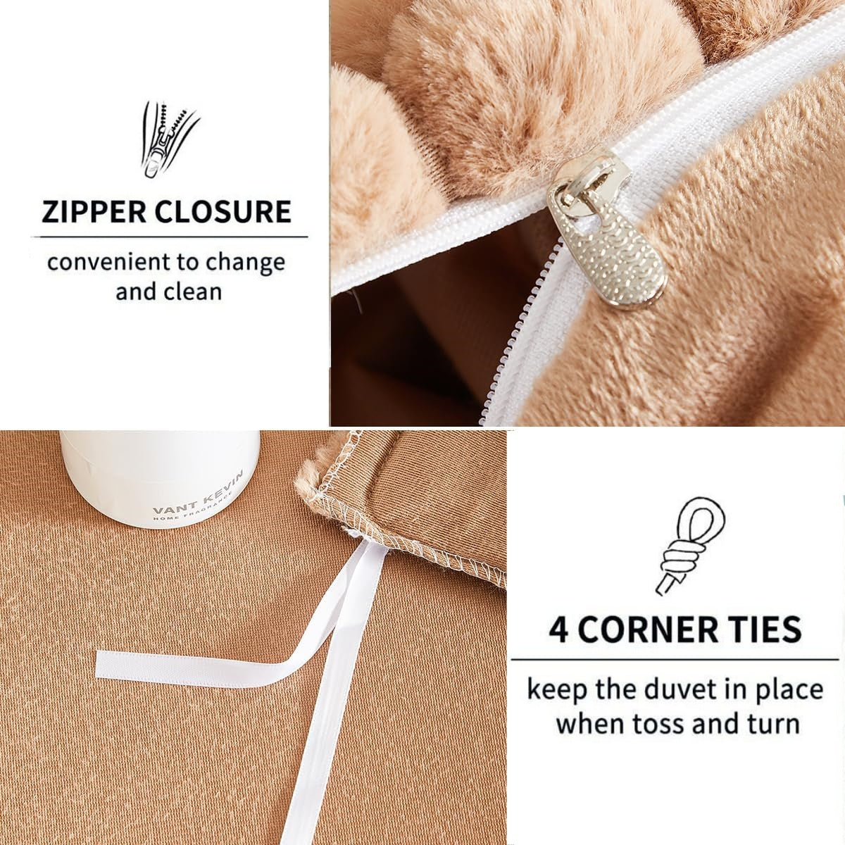 JOLUSERE Khaki Fluffy Striped Duvet Cover King Set, 3-Piece Super Soft Faux Rabbit Fur Winter Warm Fuzzy Comforter Cover