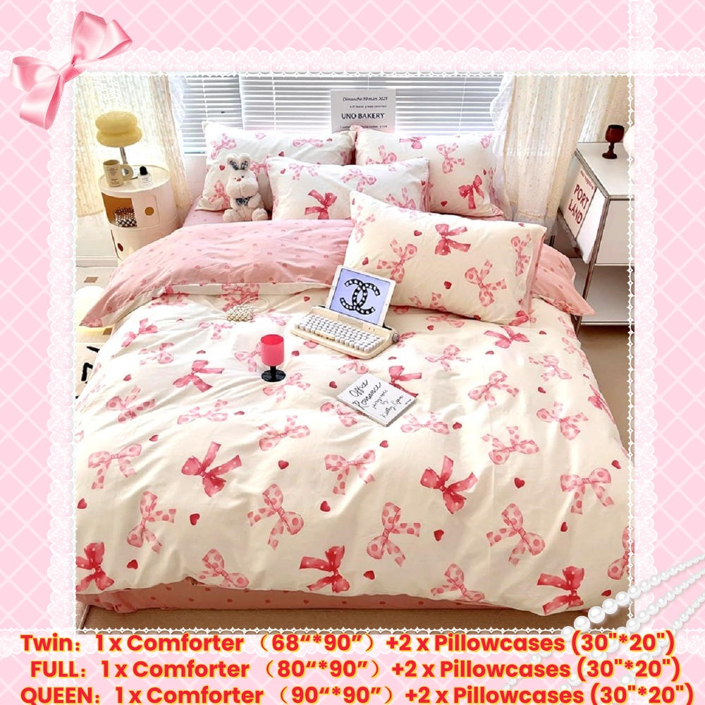 Jolusere Pink Bowknot Girls Comforter Set Twin Size, 3 Pieces Bows Princess Style Bedding Set for Kids Girls
