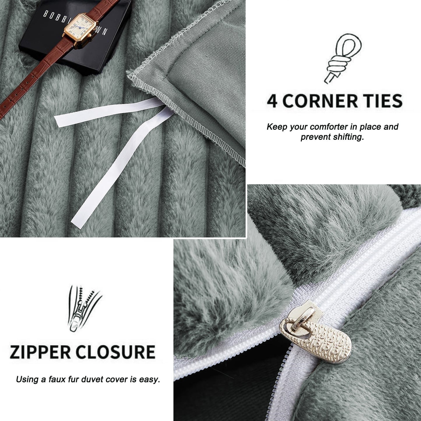 JOLUSERE Dark Gray Fluffy Striped Duvet Cover King Set, 3-Piece Super Soft Faux Rabbit Fur Winter Warm Fuzzy Comforter Cover