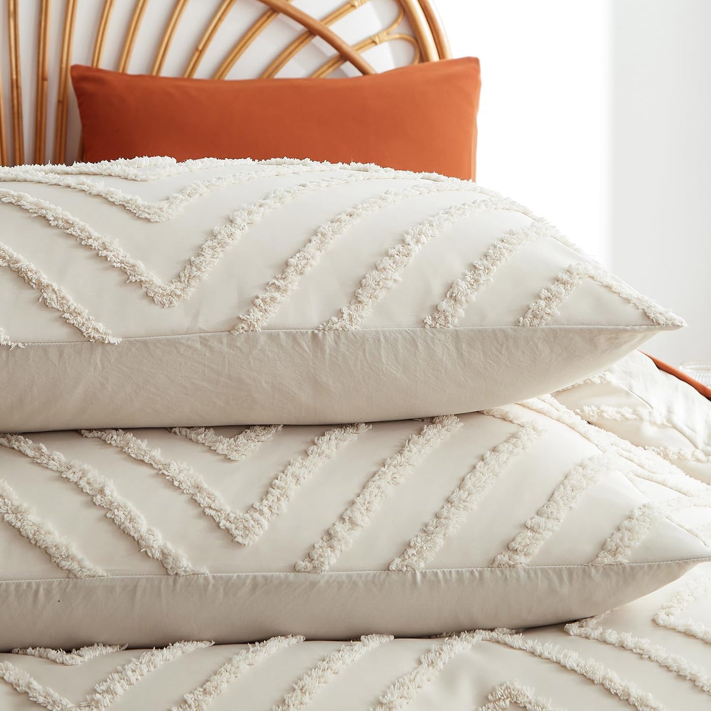 JOLUSERE Jacquard Geometric Pattern Tufted Duvet Cover King Set, 3 Pieces Boho Ultra Soft Embroidery Bedding Set, Beige