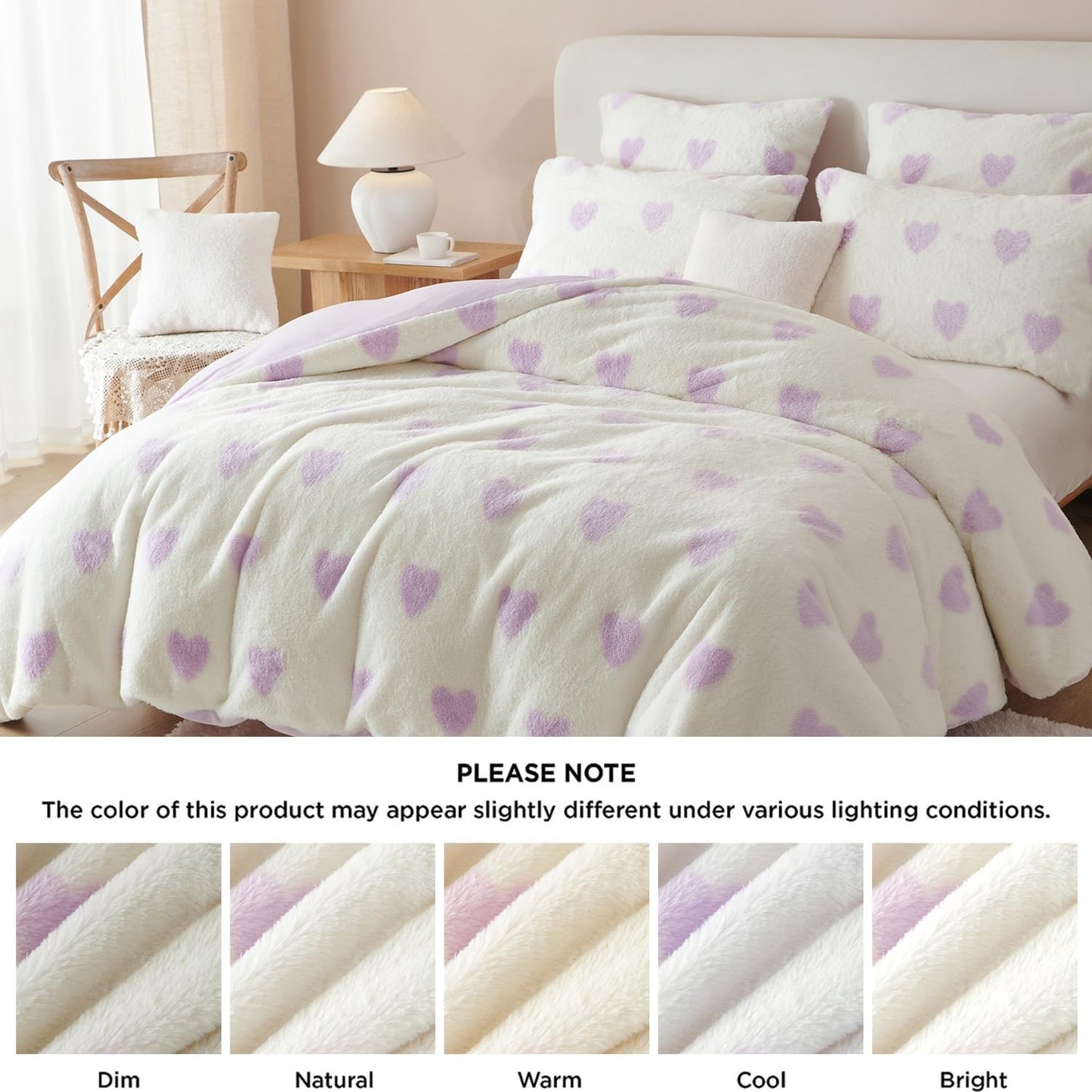JOLUSERE Fluffy Flannel Duvet Cover Twin Set, 2-Piece Faux Rabbit Fur Luxury Cozy Warm Winter Bedding Set,Purple Heart White