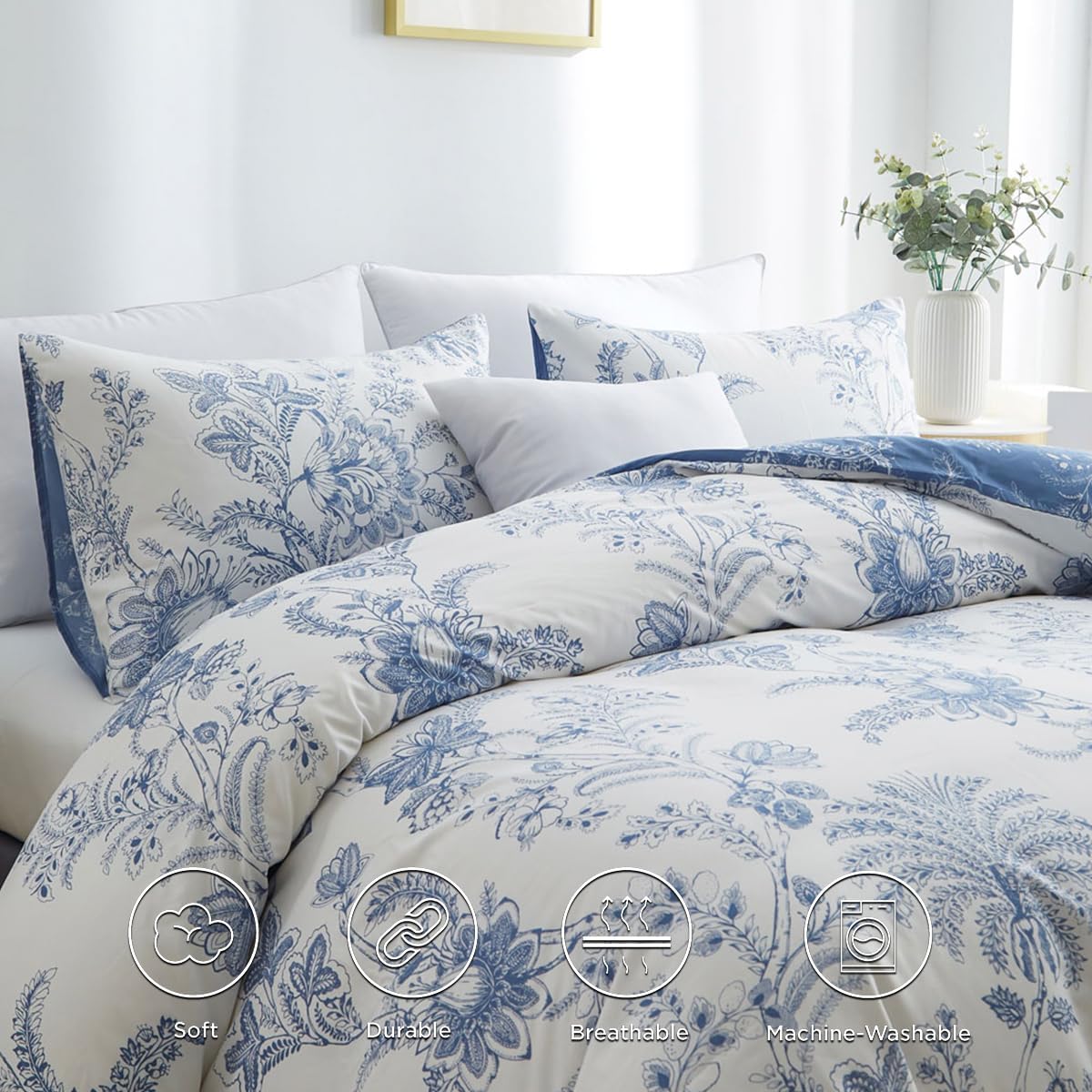 JOLUSERE Blue White Floral Leaves Queen Comforter Set, 3 Pieces Botanical Plants Reversible Bedding Set for Adults