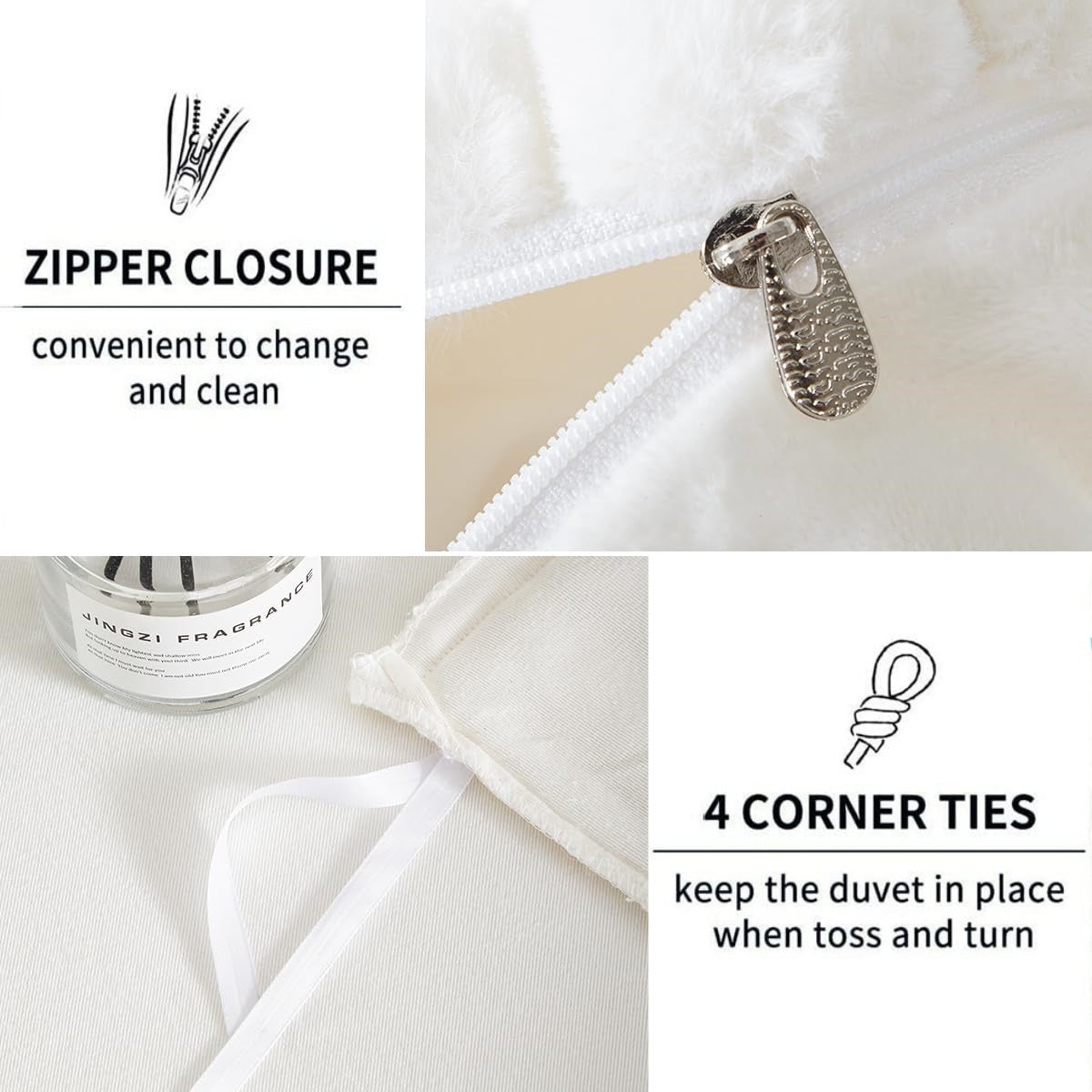 JOLUSERE Creamy White Fluffy Striped Duvet Cover King Set, 3-Piece Super Soft Faux Rabbit Fur Winter Warm Fuzzy Comforter Cover