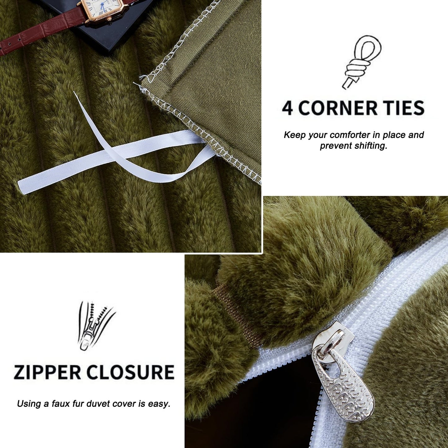 JOLUSERE Olive Green Fluffy Striped Duvet Cover King Set, 3-Piece Super Soft Faux Rabbit Fur Winter Warm Fuzzy Comforter Cover