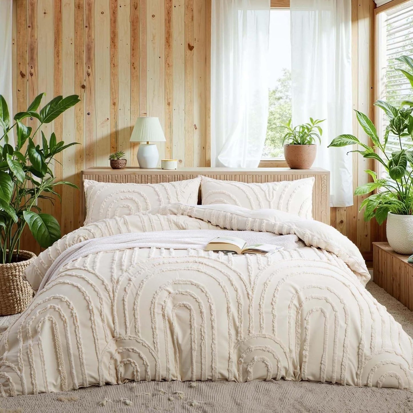 JOLUSERE 3 Piece Beige Tufted Duvet Cover Queen Set, Geometric Arch Pattern Shabby Chic Luxury Boho Bedding Set
