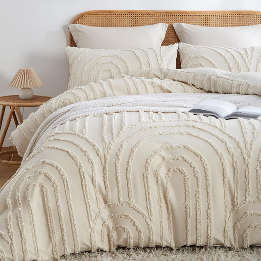 JOLUSERE 3 Piece Beige Tufted Duvet Cover Queen Set, Geometric Arch Pattern Shabby Chic Luxury Boho Bedding Set