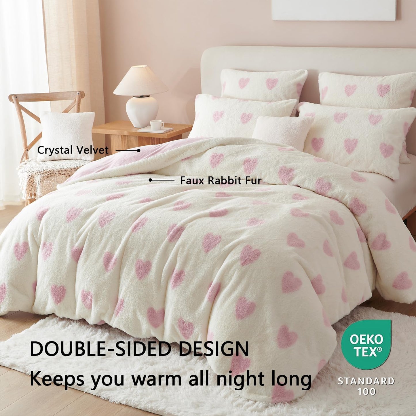 JOLUSERE Fluffy Flannel Duvet Cover King Set, 3-Piece Faux Rabbit Fur Luxury Cozy Warm Winter Bedding Set,Pink Heart White