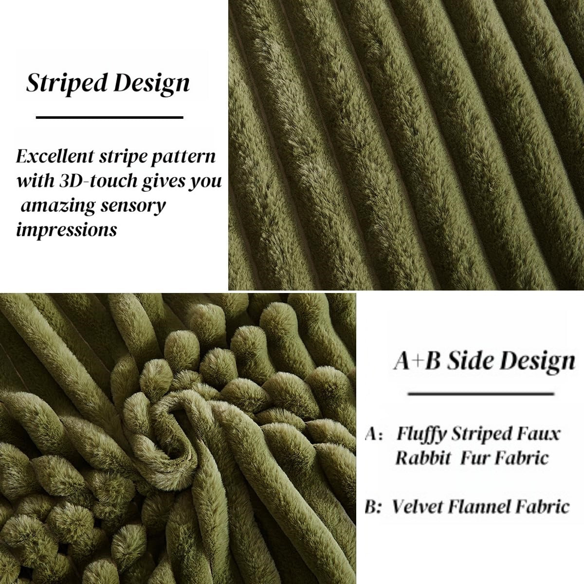 JOLUSERE Olive Green Fluffy Striped Duvet Cover Queen Set, 3-Piece Super Soft Faux Rabbit Fur Winter Warm Fuzzy Comforter Cover