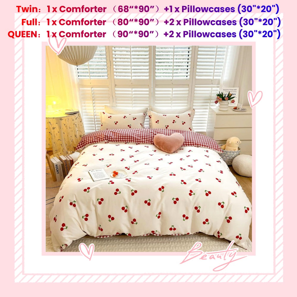 Jolusere White Red Cherry Girls Comforter Set Full Size, 3 Pieces Reversible Red Checkered Pattern Bedding Set for Kids Girls