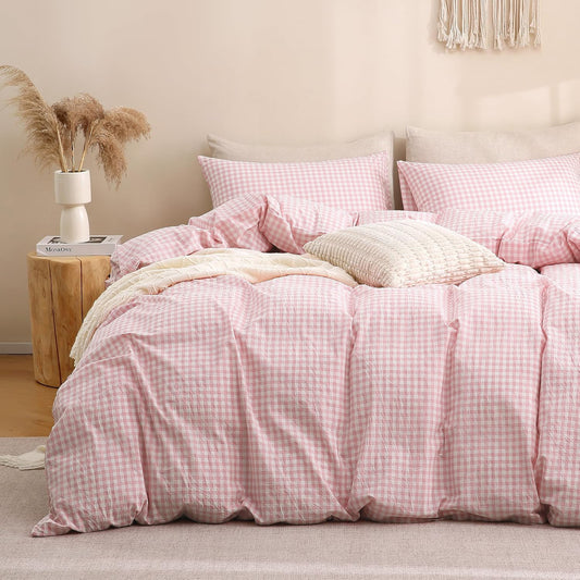 JOLUSERE 3-Piece Soft Breathable Gingham Duvet Cover Full Set，Pink White Plaid Checkered Bedding Cover