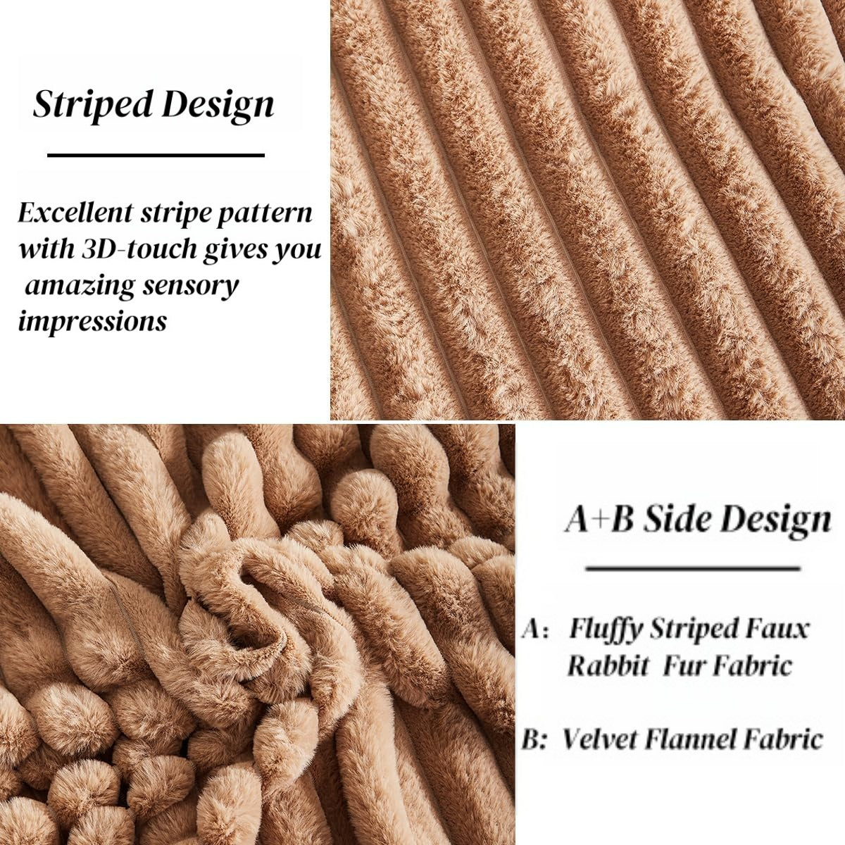 JOLUSERE Khaki Fluffy Striped Duvet Cover King Set, 3-Piece Super Soft Faux Rabbit Fur Winter Warm Fuzzy Comforter Cover