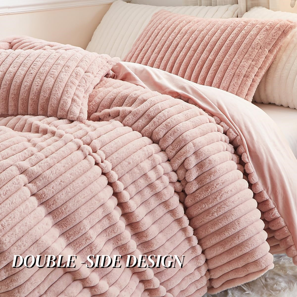 JOLUSERE Soft Pink Fluffy Striped Duvet Cover Queen Set, 3-Piece Super Soft Faux Rabbit Fur Winter Warm Fuzzy Comforter Cover