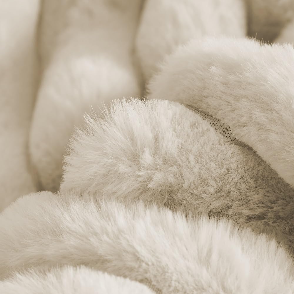 JOLUSERE Beige Fluffy Striped Duvet Cover King Set, 3-Piece Super Soft Faux Rabbit Fur Winter Warm Fuzzy Comforter Cover