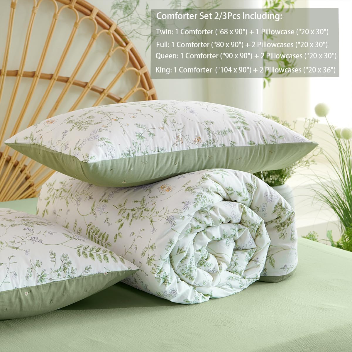 JOLUSERE Green Floral White Comforter Queen Sets, 3 Pieces Chic Garden Style Botanical Purple Floral Reversible Comforter for All Season