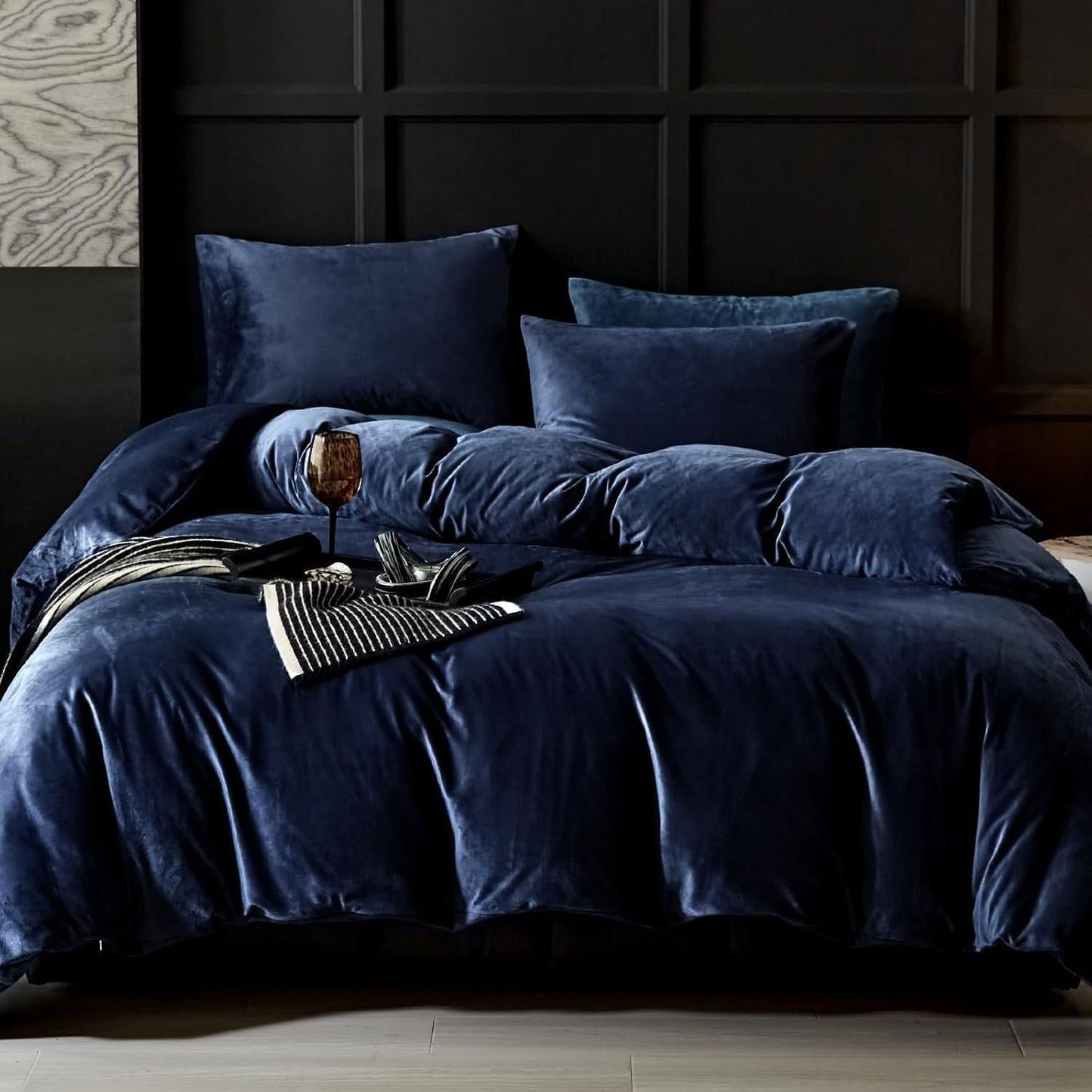 JOLUSERE Navy Blue Velvet Duvet Cover King Set, 3-Piece Ultra Soft Fluffy Flannel Winter Bedding Cover
