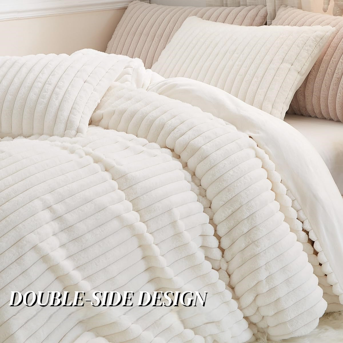 JOLUSERE Creamy White Fluffy Striped Duvet Cover Queen Set, 3-Piece Super Soft Faux Rabbit Fur Winter Warm Fuzzy Comforter Cover