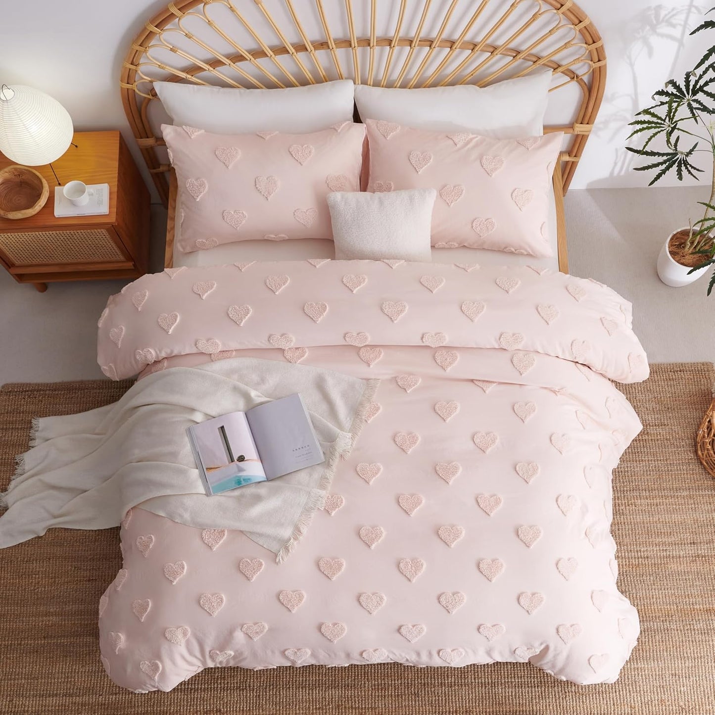 JOLUSERE Pink Tufted Heart Dot Duvet Cover Queen Set, 3 Pieces Ultra Soft Jacquard Embroidery Shabby Chic Bedding Set for All Season