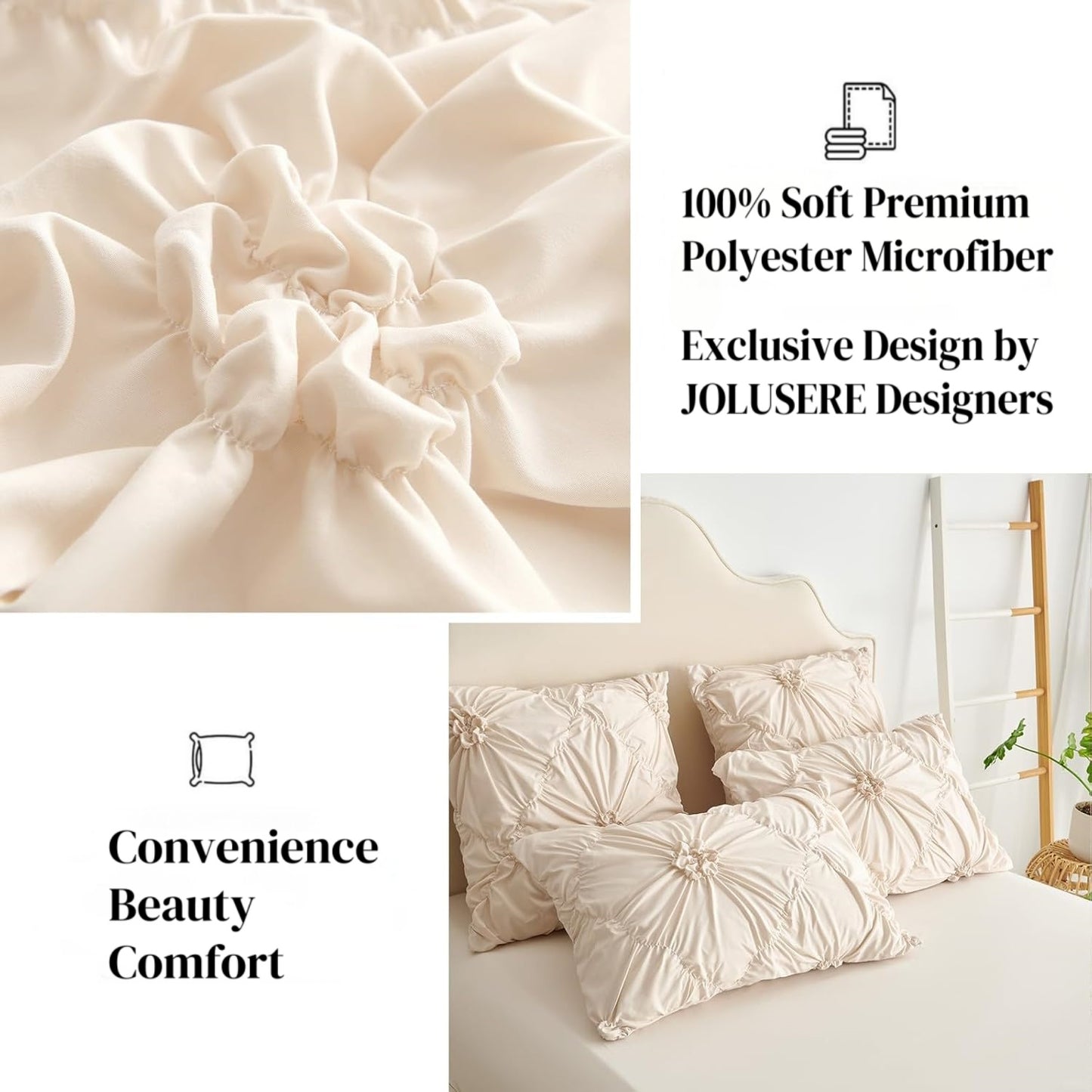 JOLUSERE Rustic French Style Beige Duvet Cover Sets Queen Size, Textured Flower Pinch Pleated Solid Luxury Bedding Sets