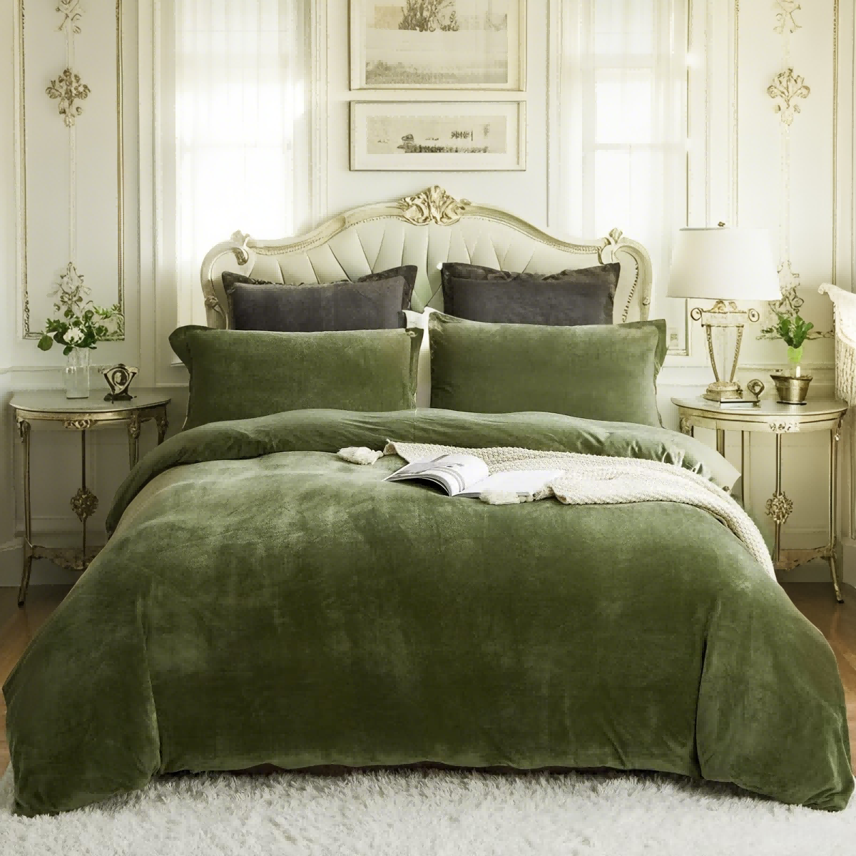 JOLUSERE Olive Green Velvet Duvet Cover Queen Set, 3-Piece Ultra Soft Fluffy Flannel Winter Bedding Cover