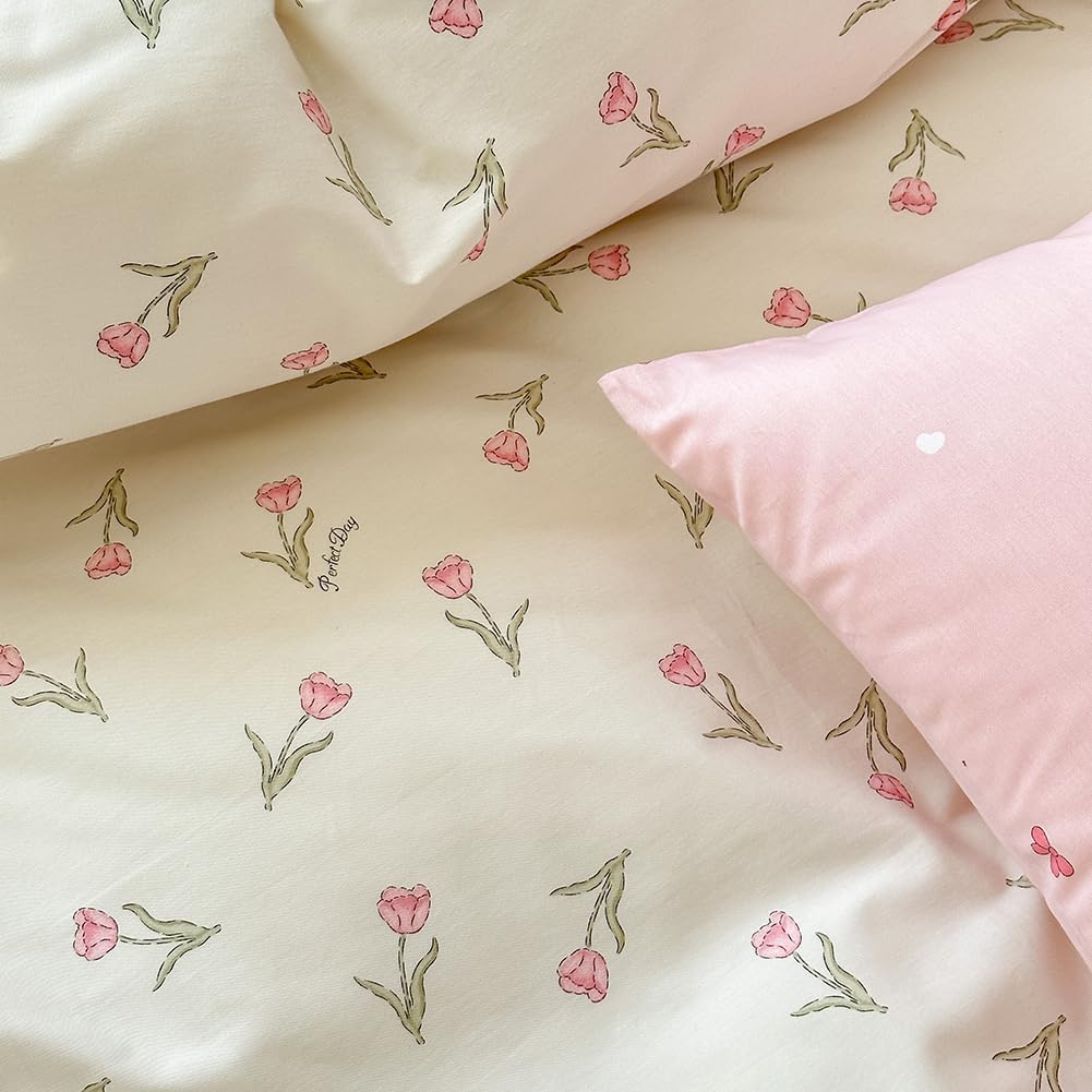 JOLUSERE 100% Organic Cotton Comforter King Sets, 3 Pieces Botanical White Pink Floral Tulip Flower Comforter Sets