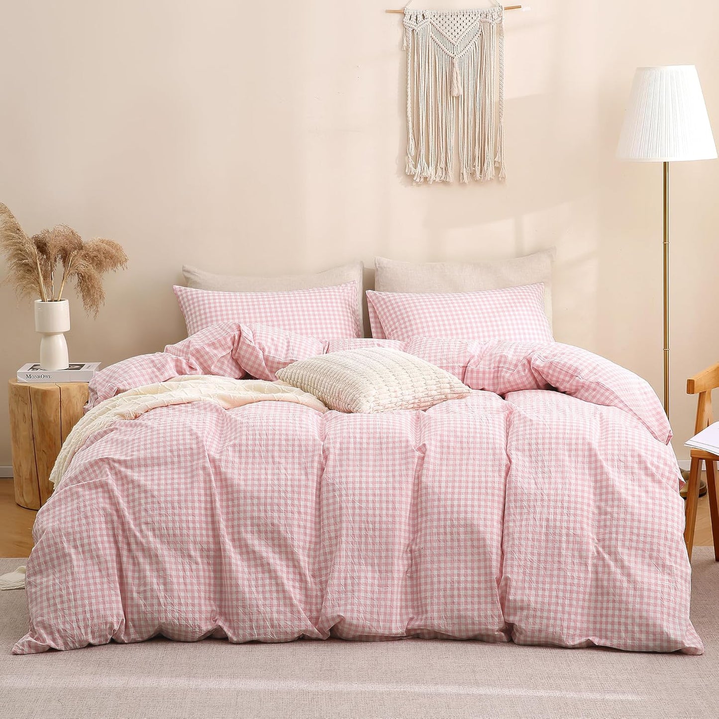 JOLUSERE 2-Piece Soft Breathable Gingham Duvet Cover Twin Set，Pink White Plaid Checkered Bedding Cover