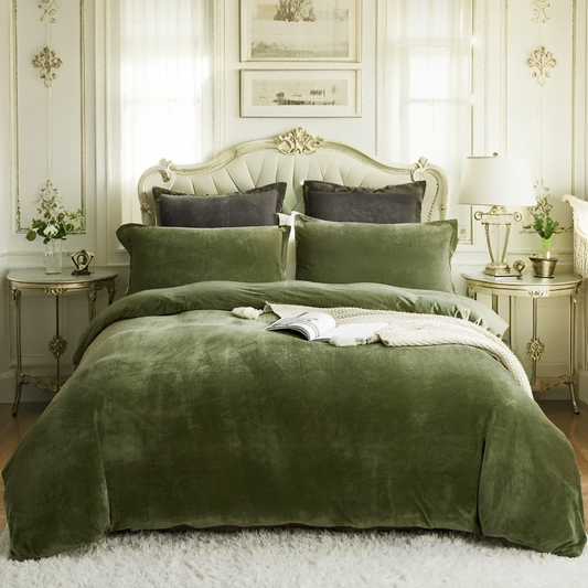 JOLUSERE Olive Green Velvet Duvet Cover King Set, 3-Piece Ultra Soft Fluffy Flannel Winter Bedding Cover