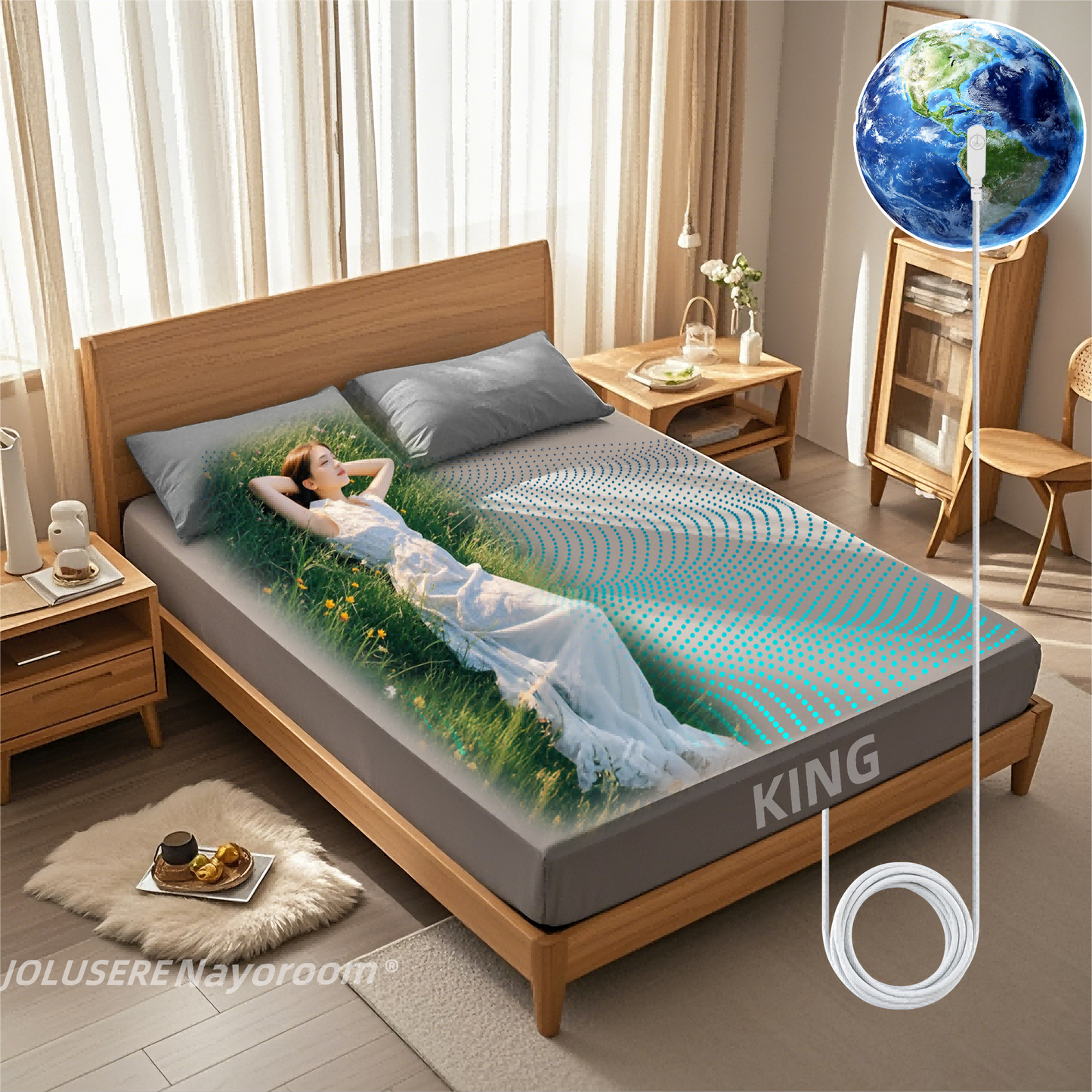 JOLUSERE Grounding Sheets King,90% Organic Cotton + 10% Pure Silver Fiber, Grounding Bed Sheets with Grounding Cord for Healthy Sleep Therapy for Adults,Gray
