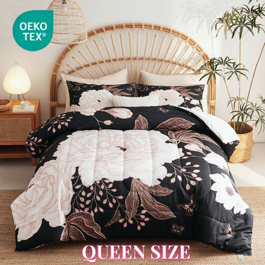 OMELA Chic Black White Floral Comforter Set Queen Size, 3 Pcs White Floral Gold Butterfly Leaves Thick Bedding Comforter Set for Women Adults Teen All Season