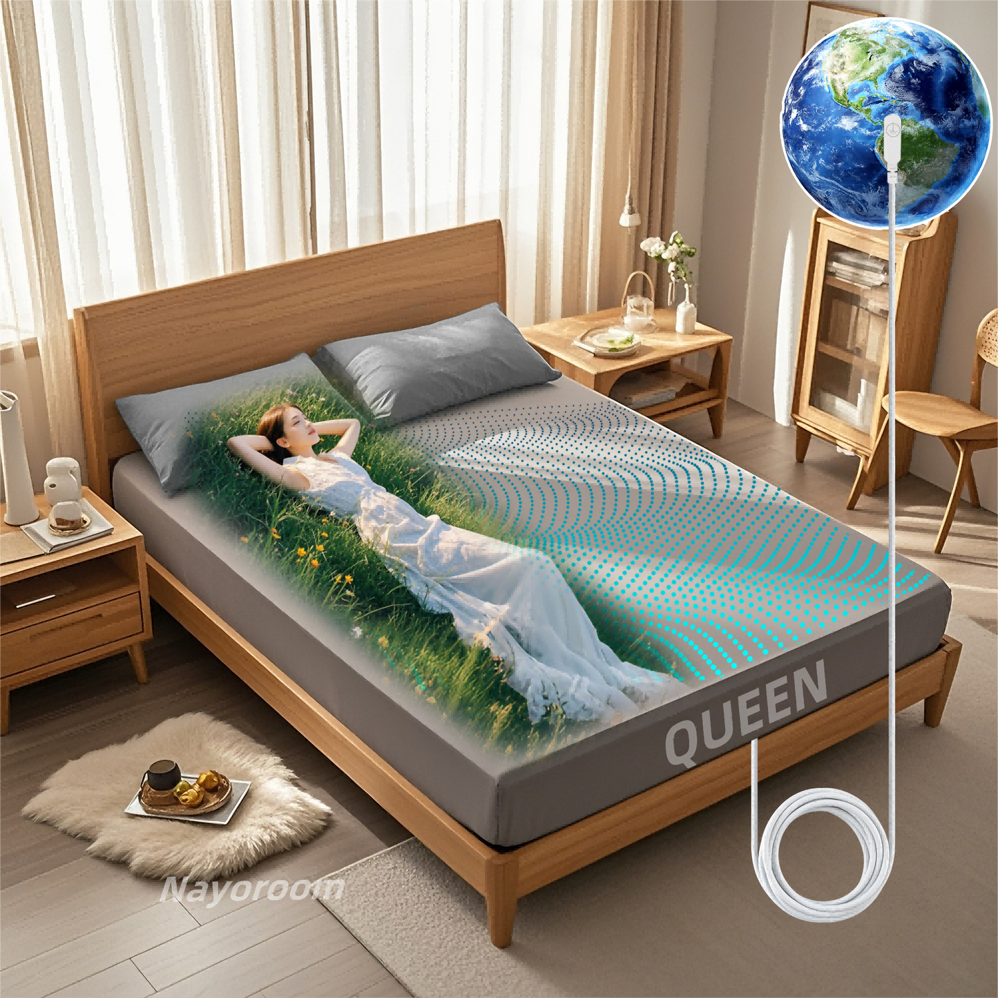 JOLUSERE Grounding Sheets Queen,90% Organic Cotton + 10% Pure Silver Fiber, Grounding Bed Sheets with Grounding Cord for Healthy Sleep Therapy for Adults,Gray