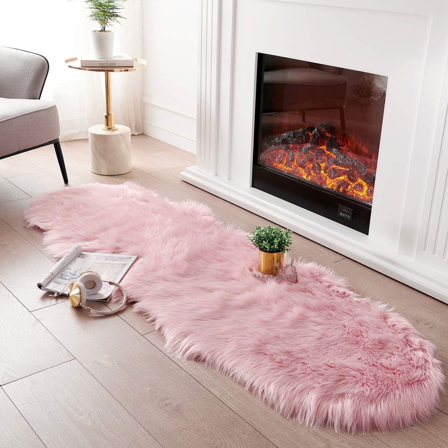 JOLUSERE Luxury Ultra Soft Faux Fur Area Rugs,2'x5'Fuzzy Faux Fur Rugs for Living Room Bedroom, Pink