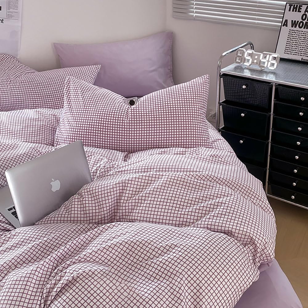 JOLUSERE 2-Piece Soft Breathable Gingham Duvet Cover Twin Set，Purple White Plaid Checkered Comforter Cover