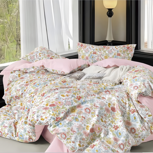 JOLUSERE 100% Organic Cotton Duvet Cover Sets King Size, 3 Pieces Colorful Pink Floral Reversible Soft Bedding Sets