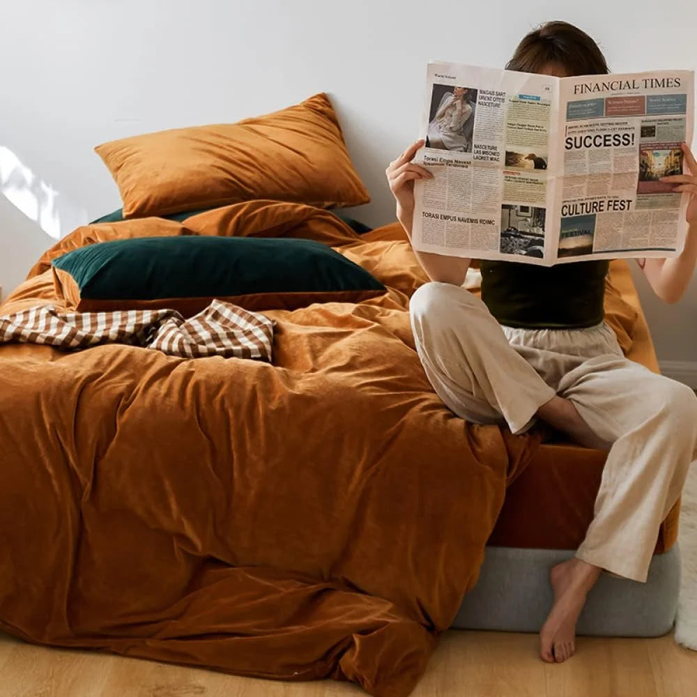 JOLUSERE Caramel Grey Velvet Duvet Cover Queen Set, 3-Piece Ultra Soft Fluffy Flannel Winter Bedding Cover